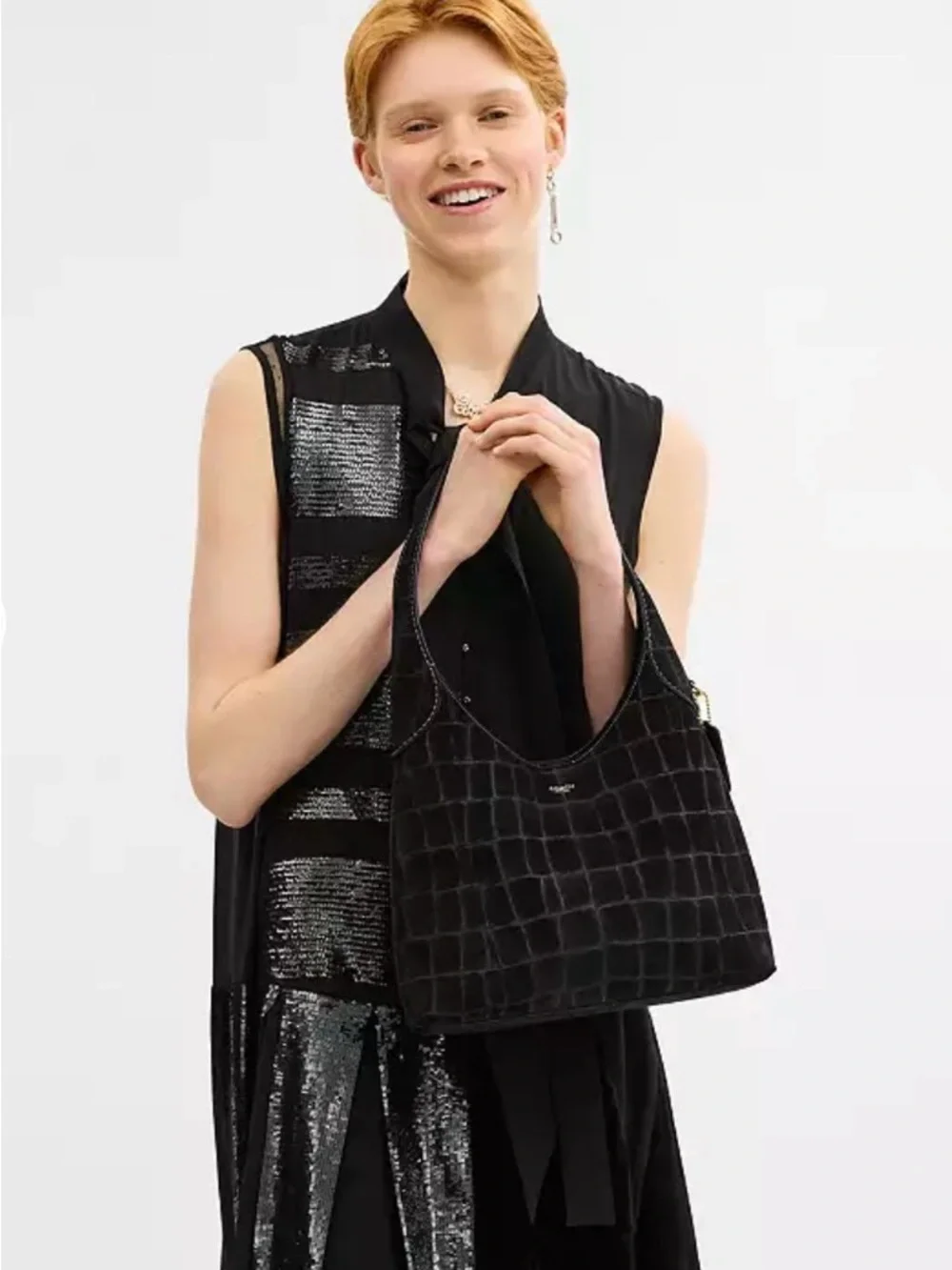 Coach (NWT) Brooklyn Shoulder Bag 28 in Black Suede Croc-Embossed - Picture 13 of 15